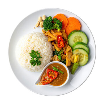 A delicious serving of pecel with krupuk crackers and a boiled egg, a complete indonesian meal, isolated on a white background