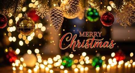 Christmas tree with ornaments and lights. The festive concept of holiday cheer and celebration.