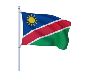 Waving Namibian flag on flagpole against clear sky, symbolizing national pride and international representation.