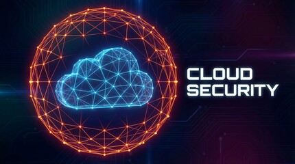 Cloud security concept with glowing blue cloud inside orange network circle on dark background with text