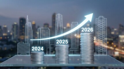A stack of coins with a city skyline and a line graph showing growth from 2024 to 2026 with an upward trend