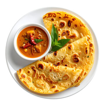 Roti canai, a flaky and soft malaysian flatbread, served with a small bowl of flavorful curry sauce, isolated on white background