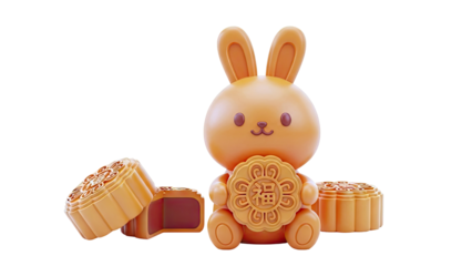 Cute Orange Rabbit Holding a Mooncake with Chinese Character 'Fu'