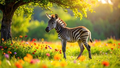 Fototapeta premium A young zebra stands proudly amidst a vibrant meadow filled with colorful flowers under the shade of a large tree