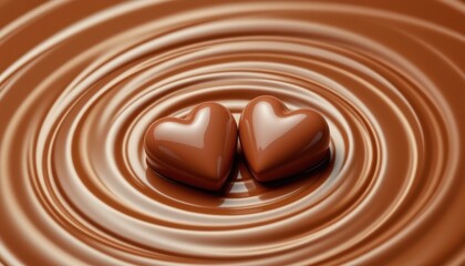 Two Heart-Shaped Chocolate Candies Floating on Smooth Chocolate Surface with Ripples and Reflections