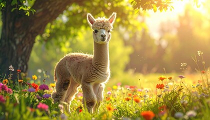 Obraz premium A charming alpaca stands in a meadow with colorful wildflowers, bathed in sunlight. The alpaca exudes a friendly and curious demeanor