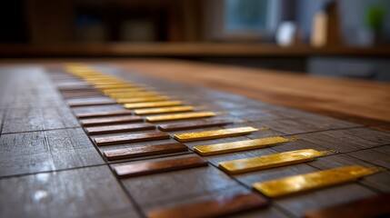 Close up view of a textured wooden surface with alternating brown and gold inlays arranged in a geometric pattern
