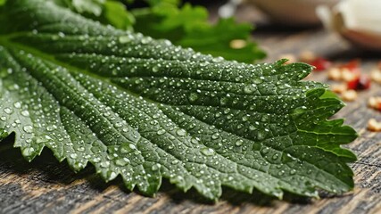 Macro shot of a vibrant green leaf possibly a nettle adorned with countless glistening water droplets showcasing the intricate texture and natural freshness of the plant after rain or dew highlightin.