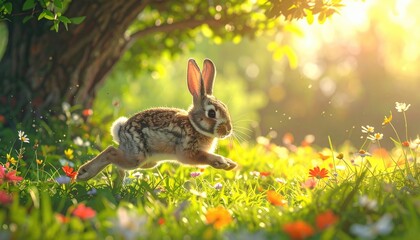 Obraz premium A charming rabbit running through a vibrant meadow filled with colorful flowers under the sunlight