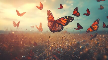 A swarm of butterflies fly in a field of tall grass at sunset, illuminated by the golden light.