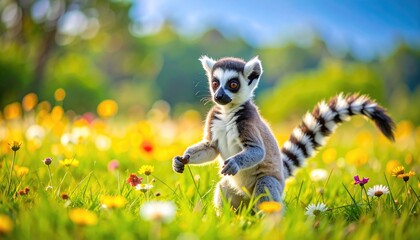Obraz premium A lemur standing among wildflowers in a vibrant meadow, with a striking striped tail