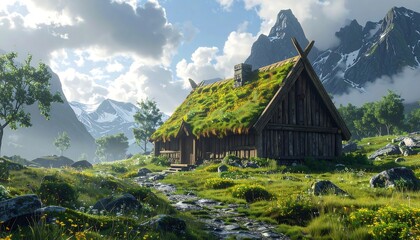 Scenic landscape featuring a traditional wooden cabin with a green roof