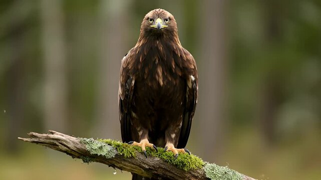 Majestic golden eagle perching on a branch, staring in a forest with a fond vert.