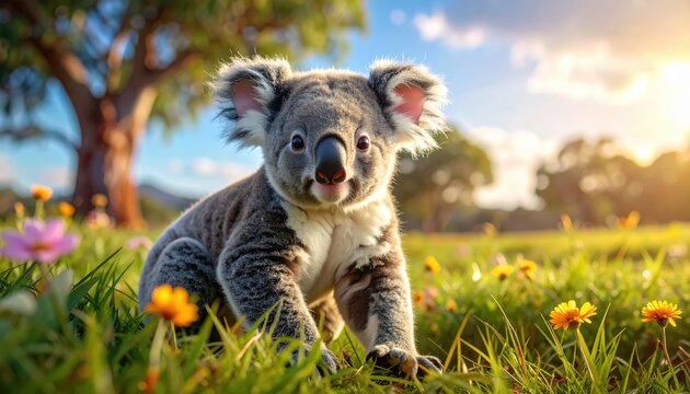 A charming koala sitting happily in a field of colorful flowers, basking in the sunlight