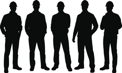 Standing construction worker silhouette group wearing safety helmets, teamwork and professionalism concept for building industry, labor force, and workforce illustration