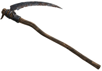 Obraz premium An ancient mythological scythe with a weathered oak handle and rusted iron blade isolated on a white background. Ominous concept of death and mortality