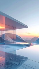 Modern glass home reflects dusk over surreal, mountainous landscape