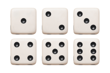 A set of six white dice with black dots, perfect for gaming and chance-related concepts