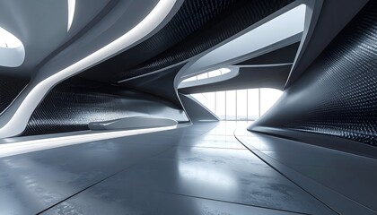 Futuristic interior with curved architecture and car-like form
