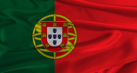 Flag of Portugal with fabric textured background. Close up of National flag of Portugal with realistic texture © IHERPHOTO