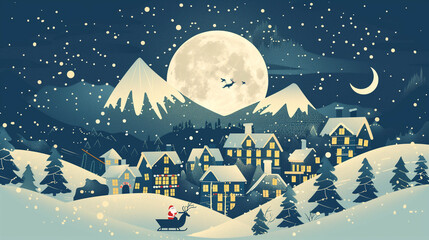 Fototapeta premium Magical winter night illustration of snow-covered village with Santa in sleigh and full moon