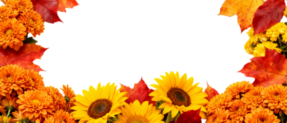 Floral frame with vibrant sunflowers, chrysanthemums, and autumn leaves. Ideal for seasonal fall decor, featuring rich orange, yellow, and red hues, perfect as a festive background.