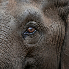 Fototapeta premium Poignant Elephant Eye Close-up, Deep Wisdom and Emotion, Reflecting Natural Habitat, Wildlife Conservation Theme