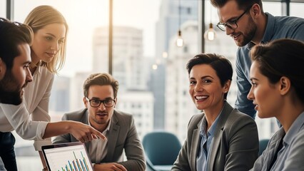 Diverse team collaborating on business data in modern office setting