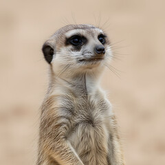 Fototapeta premium Curious Meerkat Close-up Portrait, Alert Expression, Head Tilted, Soft Desert Background, Wildlife Photography