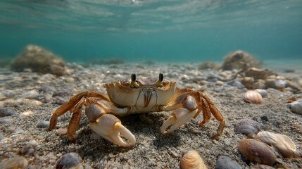 An underwater close up of a crab on a sandy seabed with shells and pebbles under clear water
