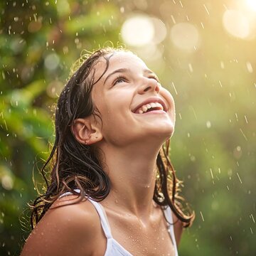 A young girl smiling and looking up while standing in the rain