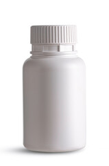 White plastic bottle with a ribbed screw cap. This blank supplement container is perfect for medical branding, pharmacy mockups, and healthcare product labels.