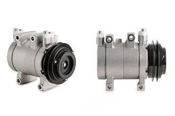 set of professional car AC compressors featuring front and side views. High-quality aluminum replacement parts for vehicle cooling systems, isolated on white background.