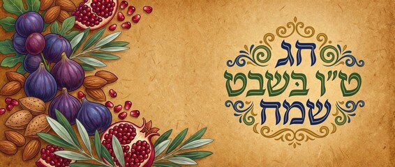 Chag Tu BiShvat Sameach in Hebrew &ndash; festive illustrated greeting with seven species on parchment background
