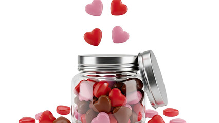 Heart-shaped candies spilling from a jar