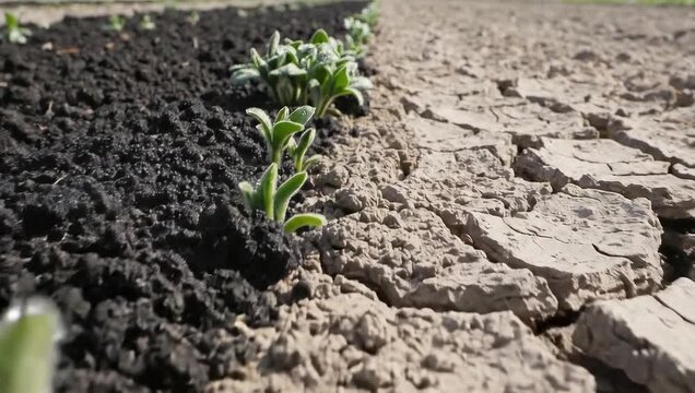 Young plants growing in fertile soil next to cracked, dry earth, symbolizing environmental contrast and hope.