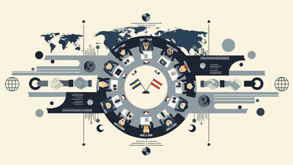 Obraz premium Global Business Meeting with World Map and Handshake Icons