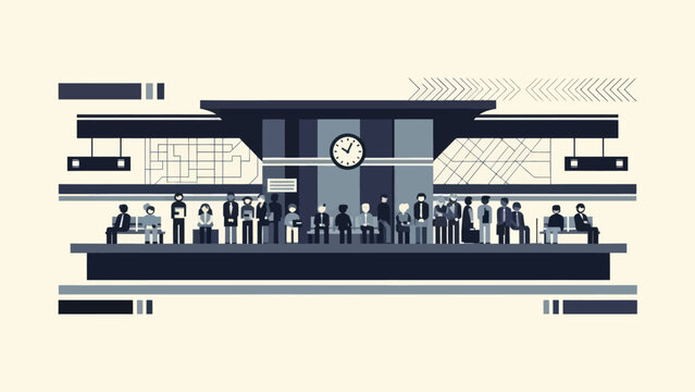 Modern Train Station Waiting Area with People and Clock