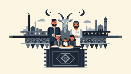 Eid al-Adha Family Gathering and Sacrifice Scene Vector Illustration
