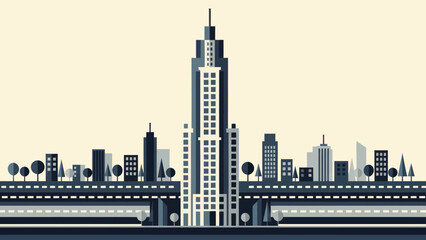 Modern Cityscape with Tall Skyscraper and Urban Infrastructure