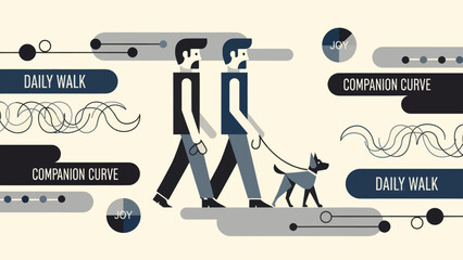 Two Men Walking Dog, Abstract Elements, Companionship Theme