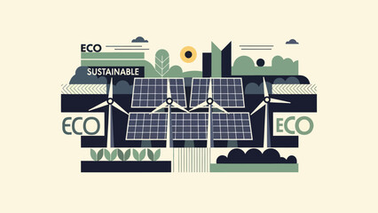 Sustainable Energy Landscape with Solar Panels and Wind Turbines