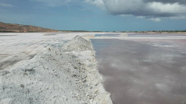 Aerial view of Araya salt flats, serene and expansive landscape