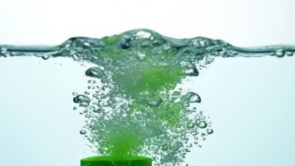 Green Tablet Sinking in Water Creating Bubbles and Ripples Close Up