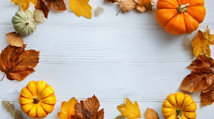 Fototapeta premium Autumn Harvest: Vibrant Pumpkins and Fall Leaves on White Wooden Background