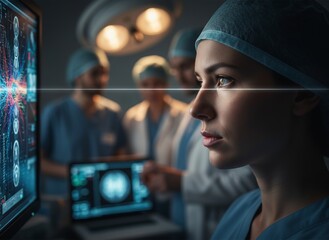 Focused female surgeon analyzing medical data on screen with team