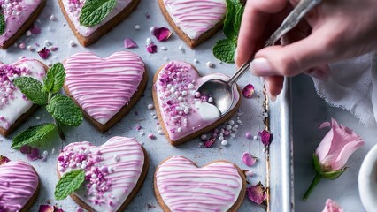 A woman prepares heart-shaped cookies with pink and red icing in a cozy kitchen