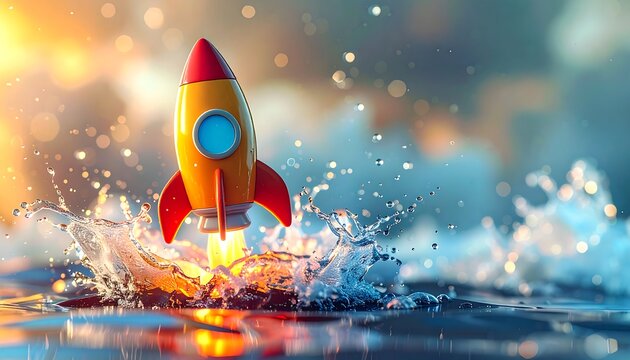 Cartoon rocket blasting off from water, creating splashes and a sunrise