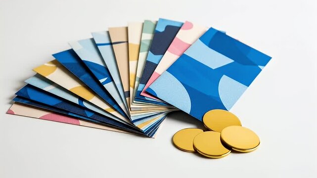Colorful envelopes and gold coins arranged in a fan shape on a white background.