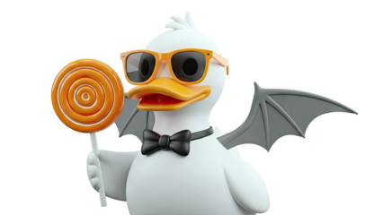 Cartoon Duck Character with Bat Wings, Sunglasses, and Lollipop